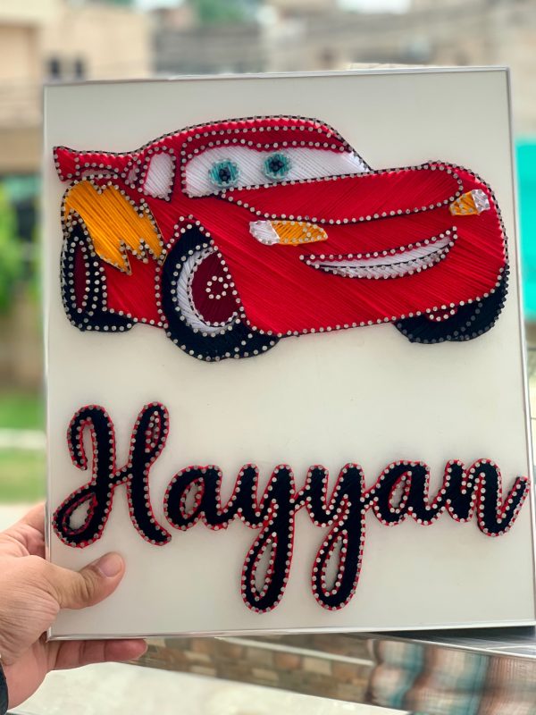 A little car a big smile and a name made with love — handmade string art Pakistan | Woody Strings