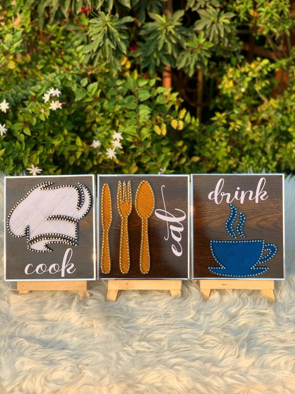Cook with love eat with joy drink with peace — handmade string art Pakistan | Woody Strings