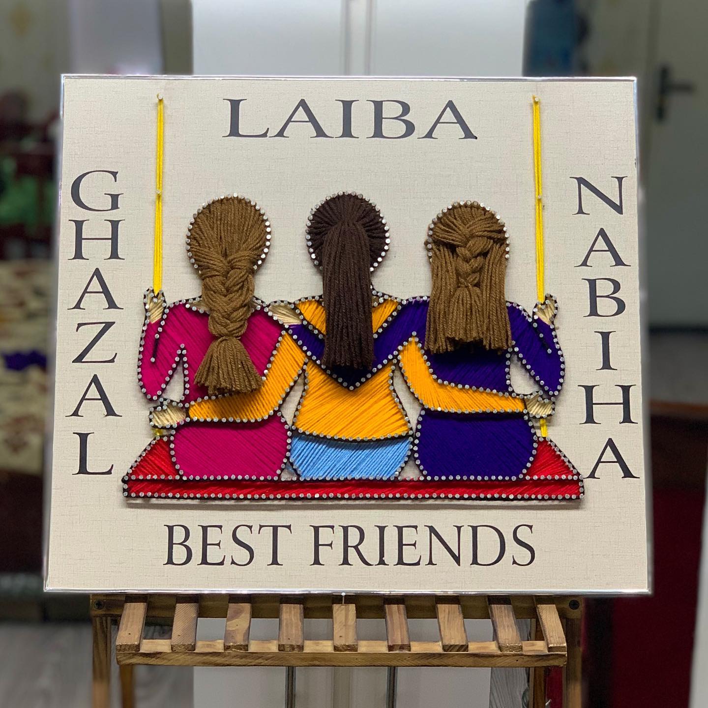 Customised best friends frame for 3 best friends delivered — custom string art Pakistan handmade by Woody Strings Lahore Paki