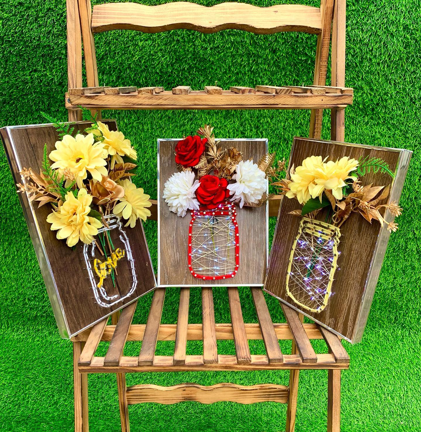 Fairy lights floral jars — custom string art Pakistan handmade by Woody Strings Lahore Pakistan