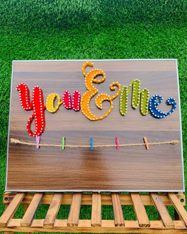 You and me frame with picture clips — custom string art Pakistan handmade by Woody Strings Lahore Pakistan