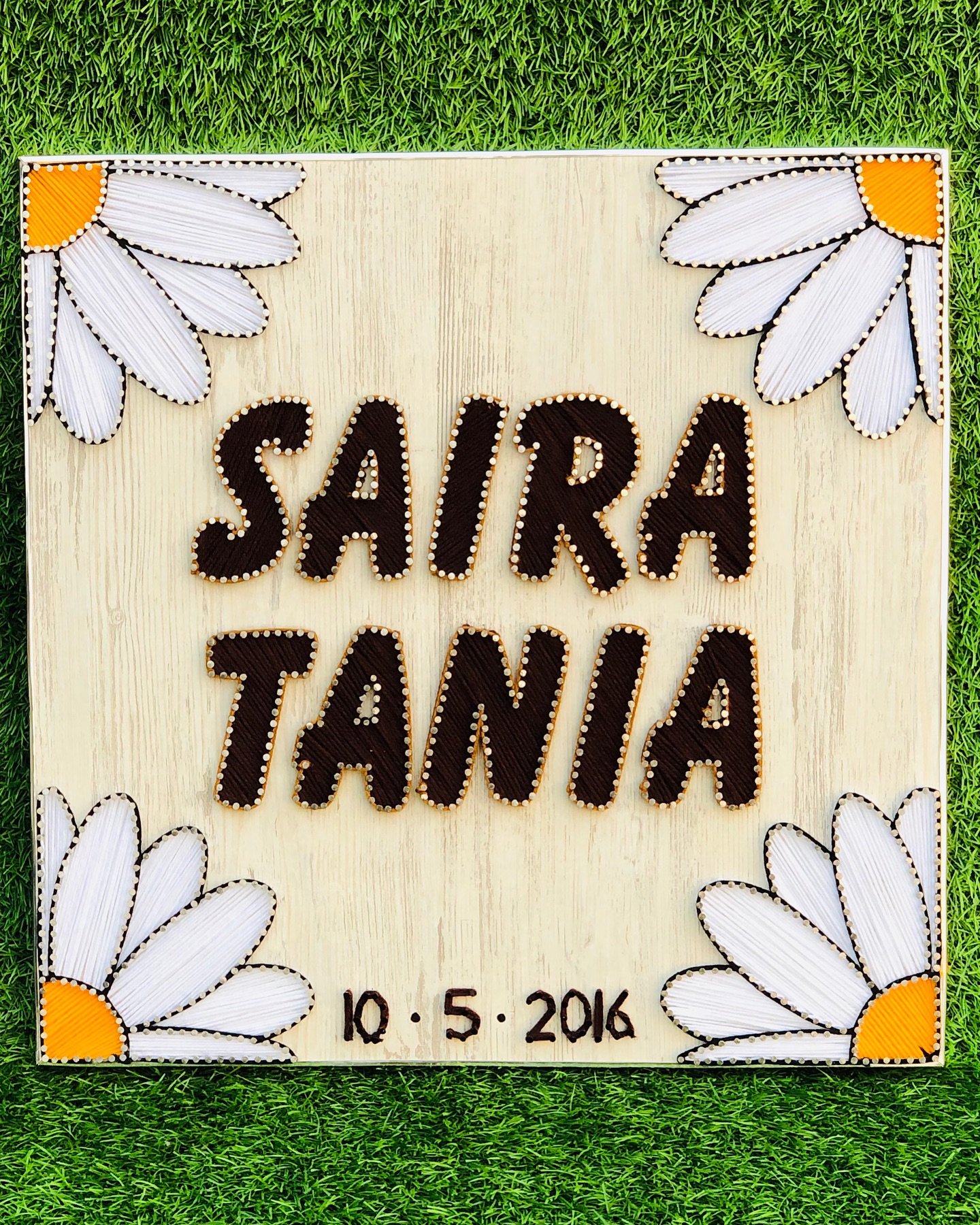 The gorgeous daisy flower name board personalised for our amazing... — custom string art Pakistan handmade by Woody Strings L