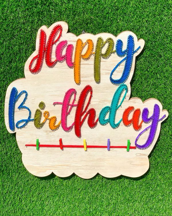 Happy birthday cutout string art frame with 5 photo clips — custom string art Pakistan handmade by Woody Strings Lahore Pakis