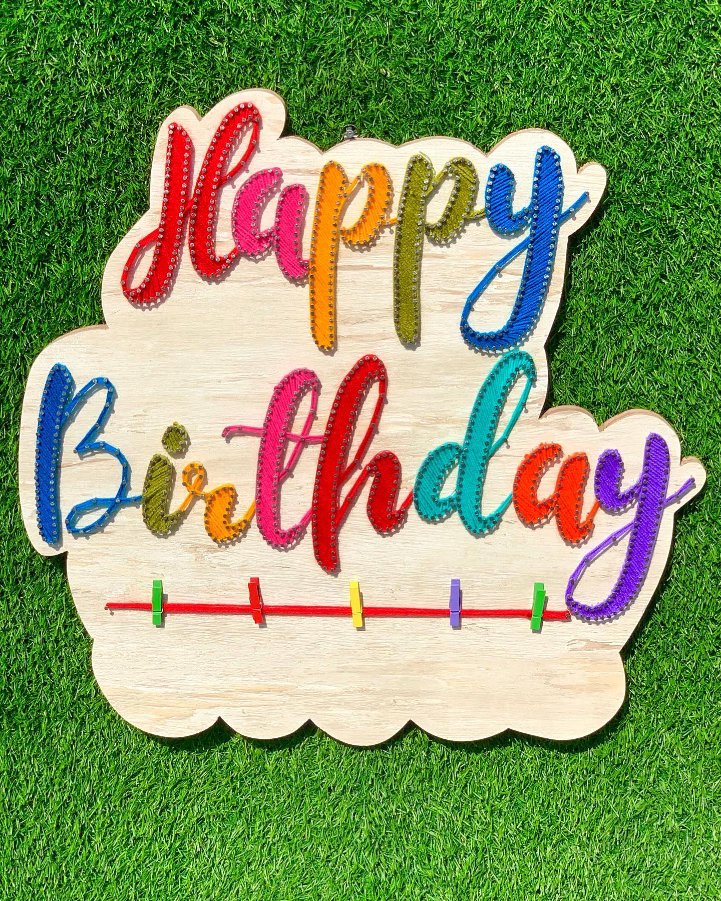 Happy birthday cutout string art frame with 5 photo clips — anniversary gift string art handmade by Woody Strings Lahore Paki